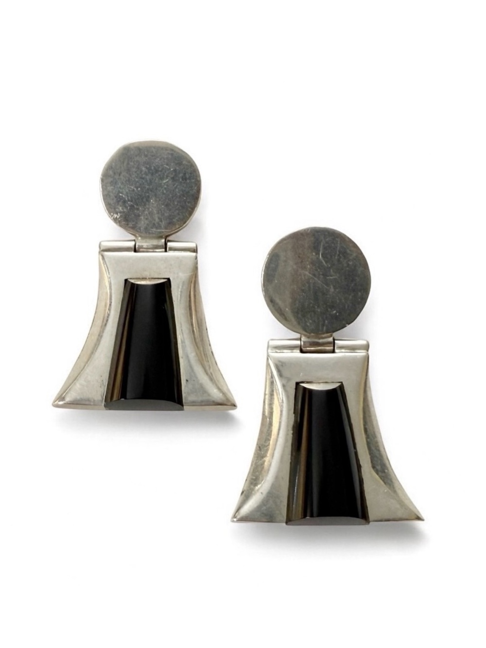 Vintage Modernist 950 Sterling Silver Onyx Drop Earrings Mexico REPAIR NEEDED